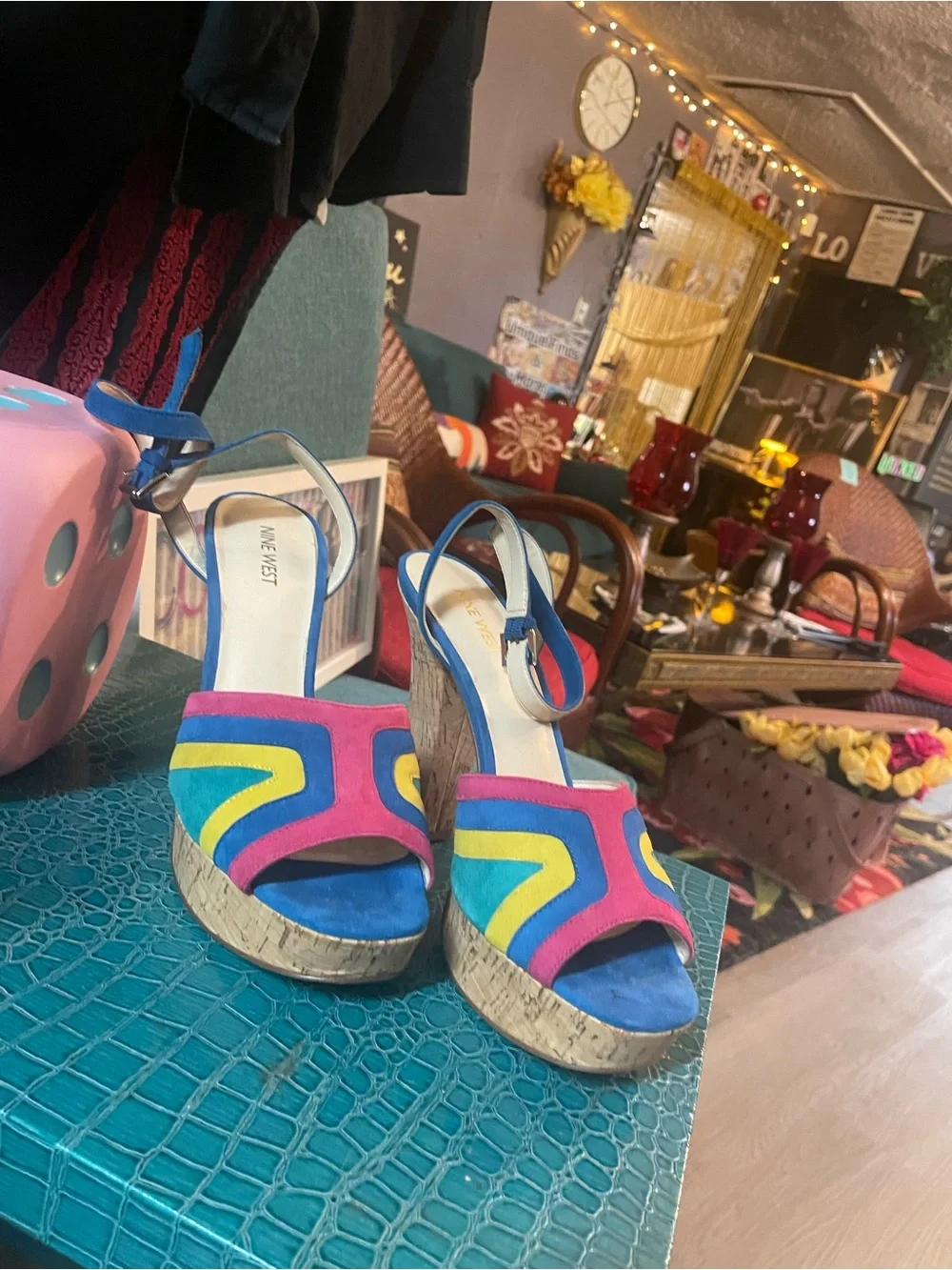 Nine West Blue, Pink & Yellow Cork Platform Wedge Sandals